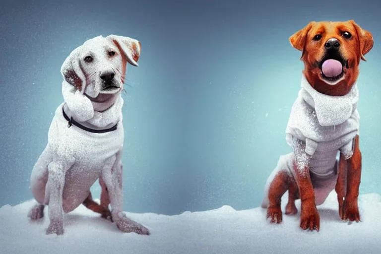 Dog in t-shirt standing like a human, snowy background, anthropomorphic, personification, 8k resolution concept art dynamic lighting intricately detailed DSLR detailed painting surrealism maximalist volumetric lighting