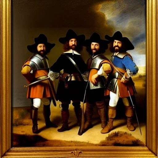 oil portrait of The Three Musketeers and d'artagnan with armor by Rembrandt 8k