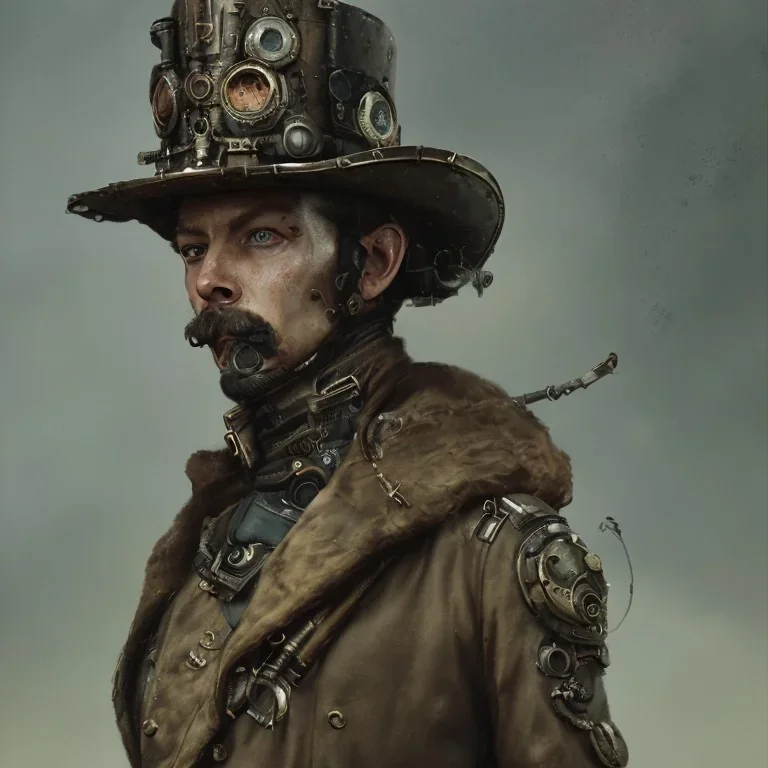 steam punk officer with human face, powerful, dramatic, creepy, matter, majestic, flow, illustration, concept art, by Greg Rutkowski, Sung Choi, Mitchell Mohrhauser, Maciej Kuciara, Johnson Ting