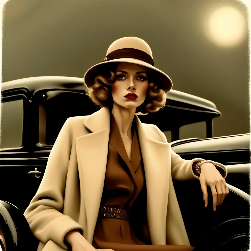 A woman wearing a brown felt hat with a metallic strap and an elegant beige coat or dress sits on the hood of a black Ford T. She has a pensive, somewhat melancholic expression on her face. The lighting and styling of the image evokes a vintage nostalgic aesthetic reminiscent of the 1920s or 1930s. The figure and refined appearance of the woman suggest a certain grace and sophistication typical of that period.