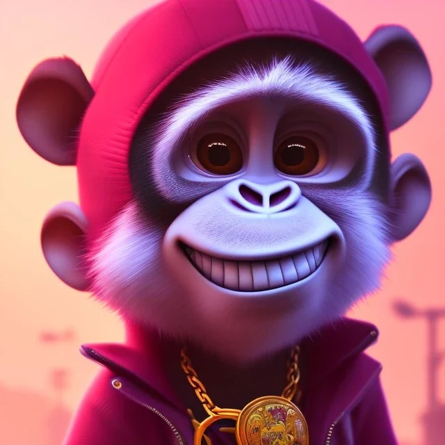 pixar style anamorphic cute monkey baby, smiling, gangsta gold neckless, full body, magenta puffer jacket, manila city backdrop, dramatic lighting, hyper-realistic, unreal engine 5, 16k. full detailed, eth