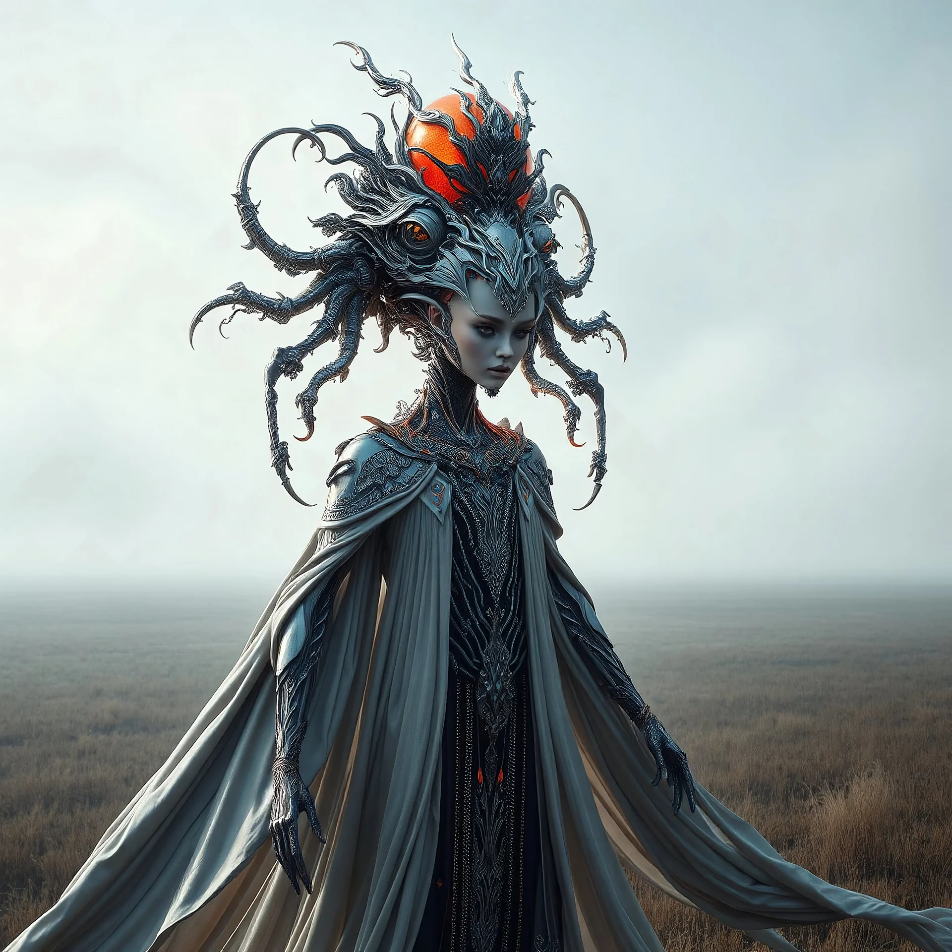Stunning, surreal, biomechanical entity, ornate, flowing robes, intricately detailed, merging with surroundings, headpiece, masterpiece of organic and mechanical design, art deco-inspired forms, alien, elegant, glowing orange-red orb, pulsing with life, metallic silver-white and dark gray tones, flowing, draped fabric textures, cascading downwards, misty field, vast, open space, natural light, softly illuminating, intricate textures, highlights, alien craftsmanship, tranquil, enigmatic atmospher