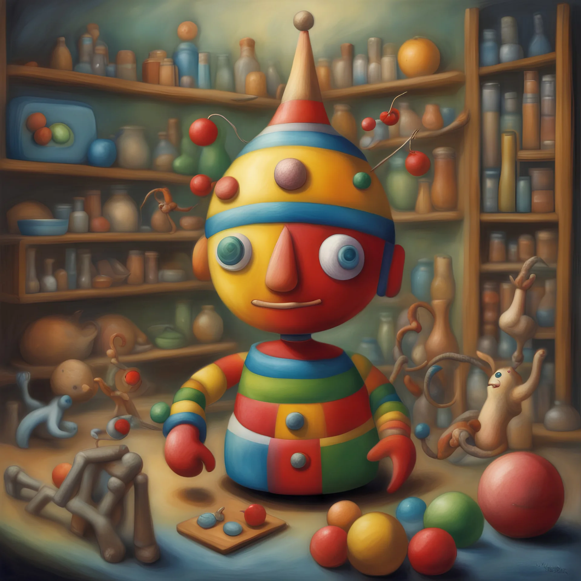 a magical whimsical photorealistic painted illustration with the best image of Kandinsky, in the style of tomasz alen kopera, strange hybrid between [plasticine characters gumby and pokey] and the kids tin toy [robbie the robot] at Christmas time, John Weber, Chiaparrelli, in style of Miro, Esther Pissarro style, bright happy colors, high resolution, fine detailed textures in the mix style of Gabriel Pacheco, wimmelbild, popsurrealism