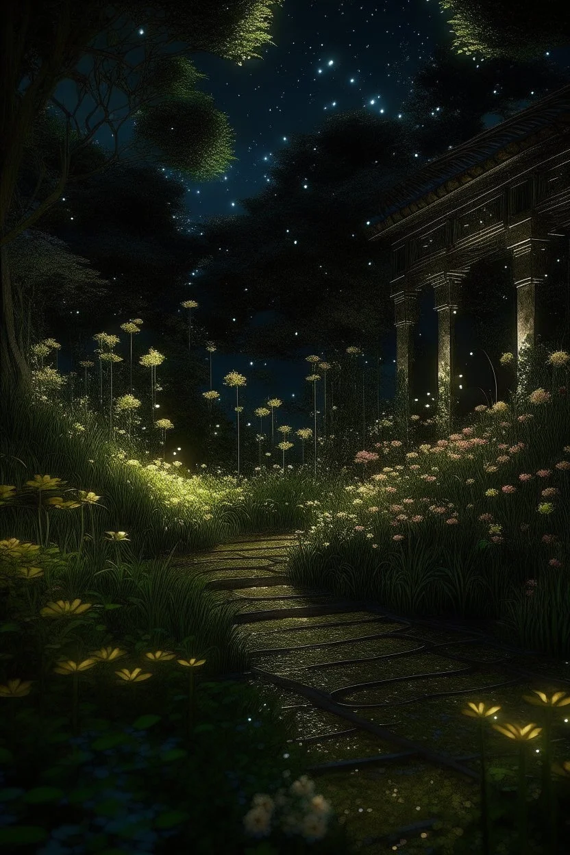 generate me an image of luxurious gardens with tall overflowing foliage and beautiful flowers at night with fireflies