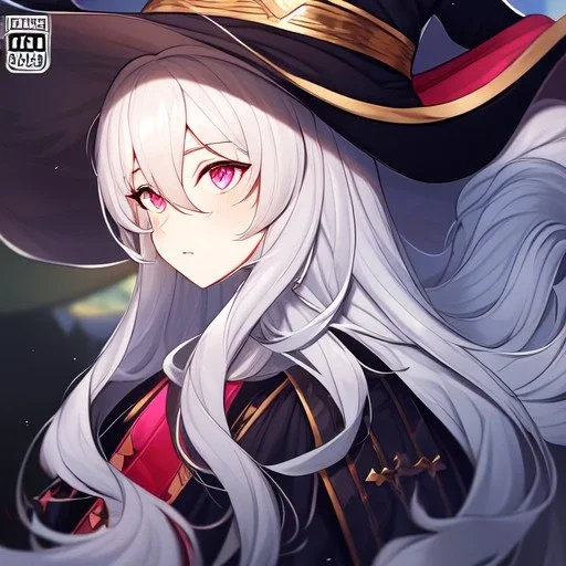 Clear focus,High resolution, grey long fluffy hair, long fluffy bangs, pink eyes, wearing a witch outfit, extreme close up, front hair cover eyes, holding hat, looking up