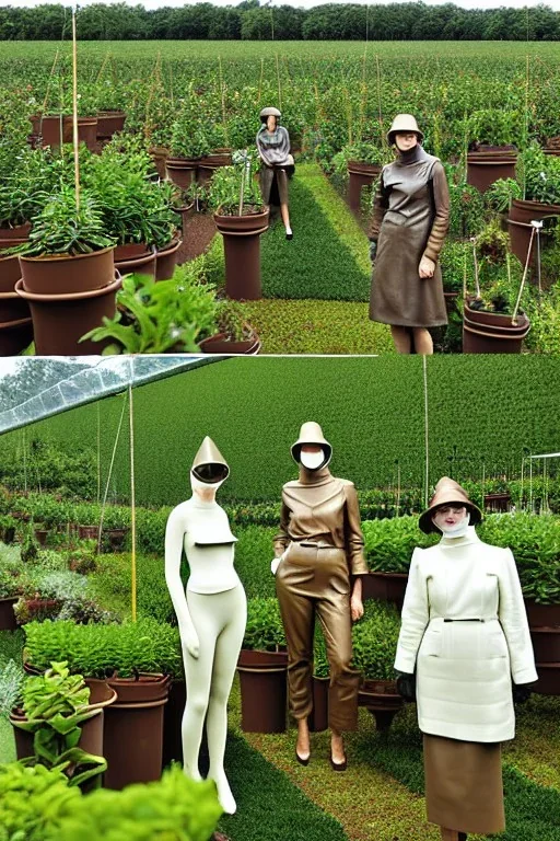 One photograph! Women and lay figures, Creamy fake skin, old-fashioned camera in full-face-masks. Leather, wool, steel, plate metal, latex, wires, Haute Couture at small farm. 4D-tiling on the adaptive background. Polyhedron, tube and web structures, Recycled plastic. Plants farming. Light from right. Colors: Bronze, steel,army green, terracotta, brown and black. Old big television. old AKG-style headphones, golden rings & disc. Thick tights. Thick calves. Curved fell. wide h