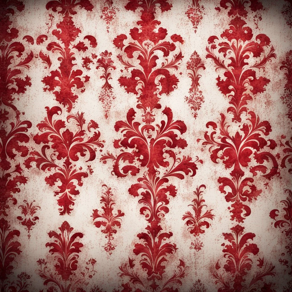 Hyper Realistic Grungy Red Damask Texture on Rustic White Wall with peeling & vignette effect