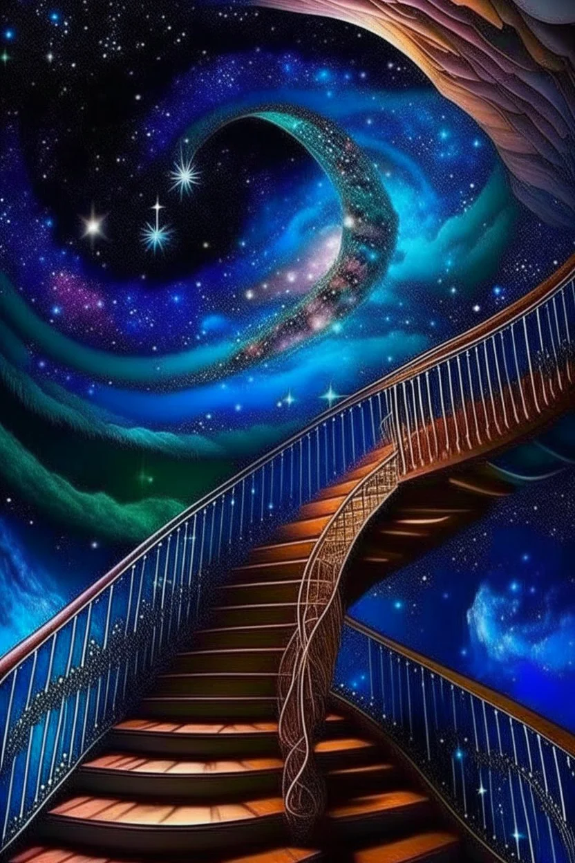 Beautiful staircase. He goes into the starry sky. It is picturesque and colorful. Bright colors of the ring exquisitely luxury chic aesthetics photo harmony professional photo 64K pixel graphics high detail bright lighting