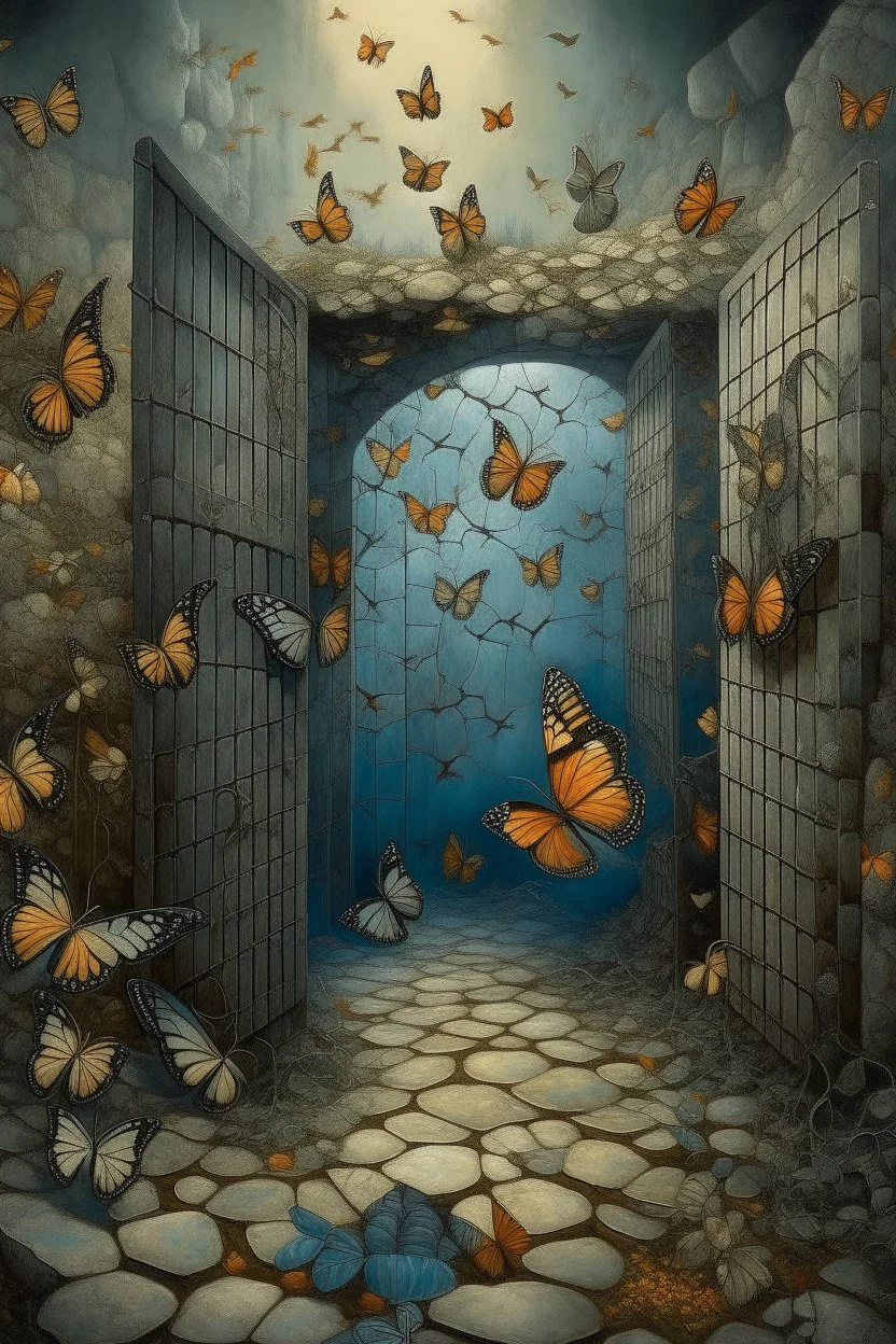 The prison of the butterflies, surreal, Busch painting style