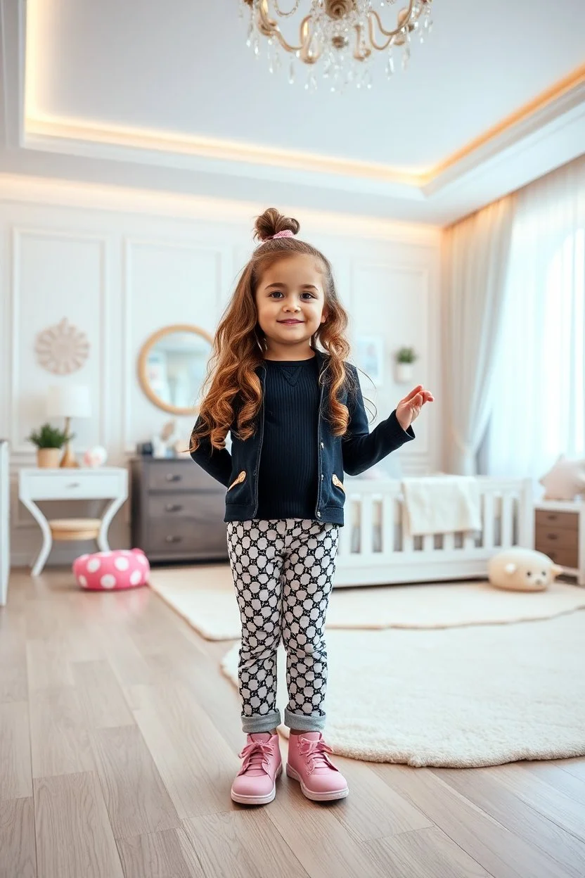 a 3 years old girl with curvy long hair in modern clothing and makeup standing pose with cute and joy with pertty shoes in a very large luxury baby bedroom
