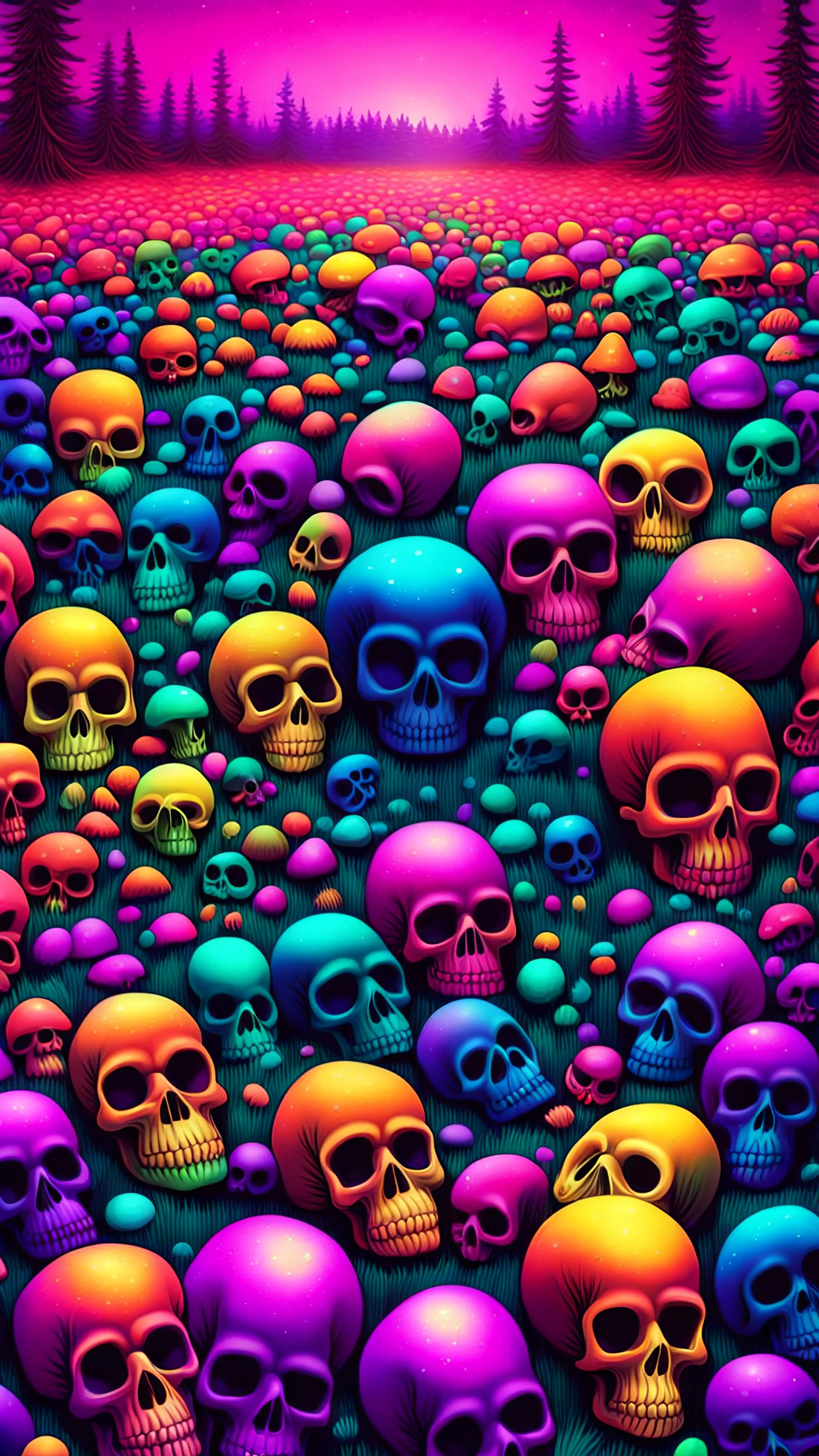 a field of 1000s of psychedelic psilocybin induced anatomically correct, skulls, vivid RANDOM BRIGHT neon colors, dark comedy, well lit, high detail, photorealistic, horrorcore, fun, scary, none featured, each a different color or hue,