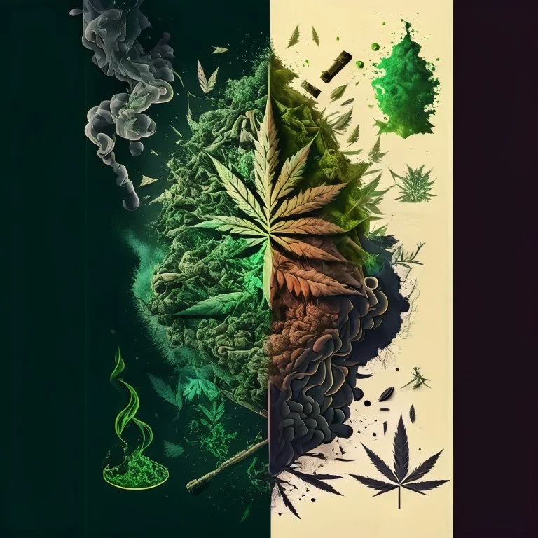 Create a visually captivating poster that represents the different stages of addiction and recovery, incorporating symbolic imagery of weed, smoke, and crushed weed.