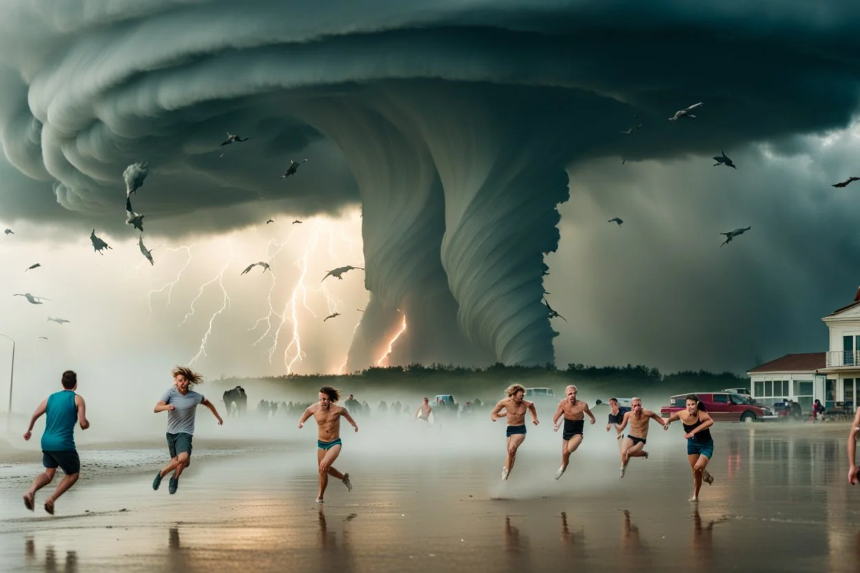 people running away from an giant tornado on a city beach, cars and cows flying around