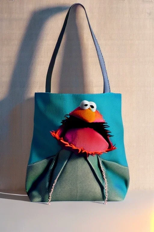 Fashion bag made with muppet fabric, Sesame Street style, fashion photo studio, clean background, unreal engine 5, ray tracing, RTX, lumen lighting, ultra detail, volumetric lighting, 3d.