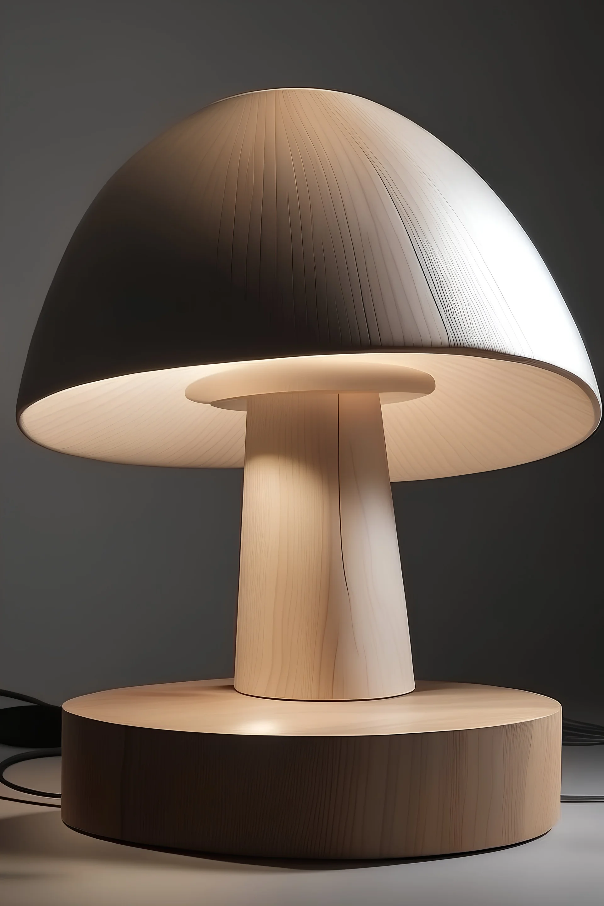 table lamp philips inspired by mushroom , aesthetic modern style design , wood material , plastic material ,futuristic design,.minimalist , vintage,industrial design