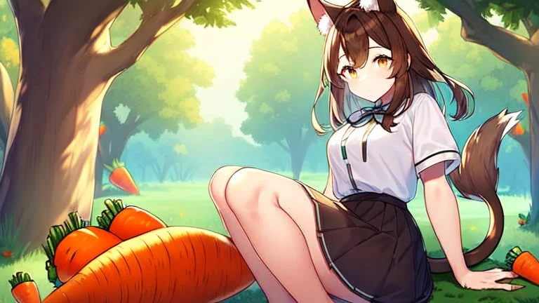 1girl, sitting, animal ear, tree, carrot, brown bunny ears, brown bunny tail, animal tail, short blue skirt, long brown hair, white shirt,