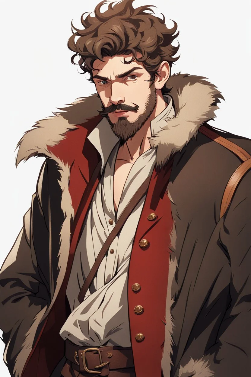 young man in mid 20's, medieval, fighter, russian, croocked nose, czar, rich, simple clothes, short messy hair, thick beard, oligarch, leather coat with fur, brocade clothes, pencil drawing, black or red hair, muscles, background frame