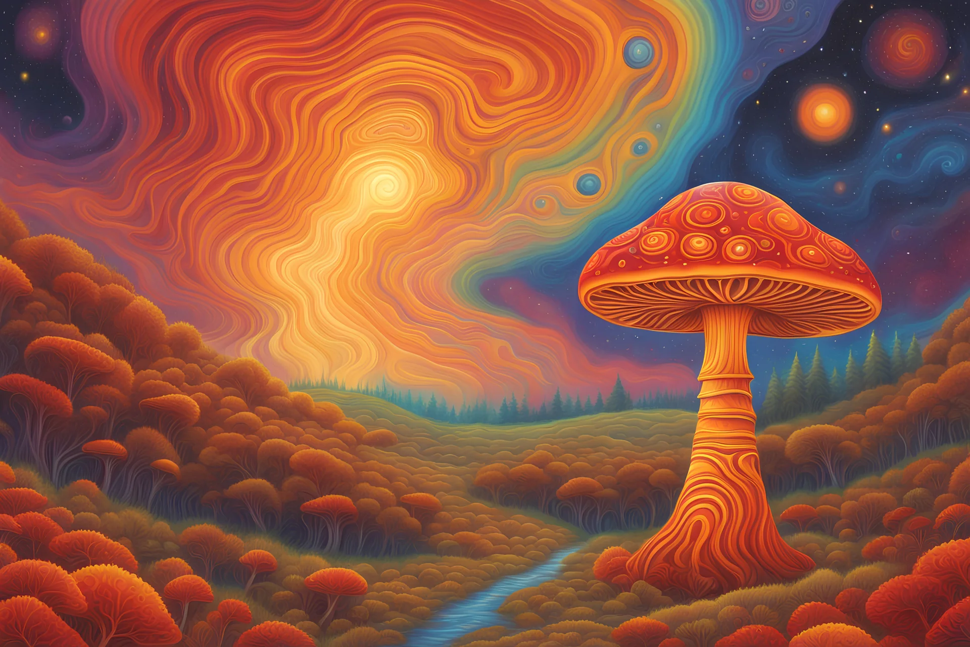 cosmic mushroom galaxy in a psychedelic orange, red, and yellow color palette in the illustrated style of alex grey