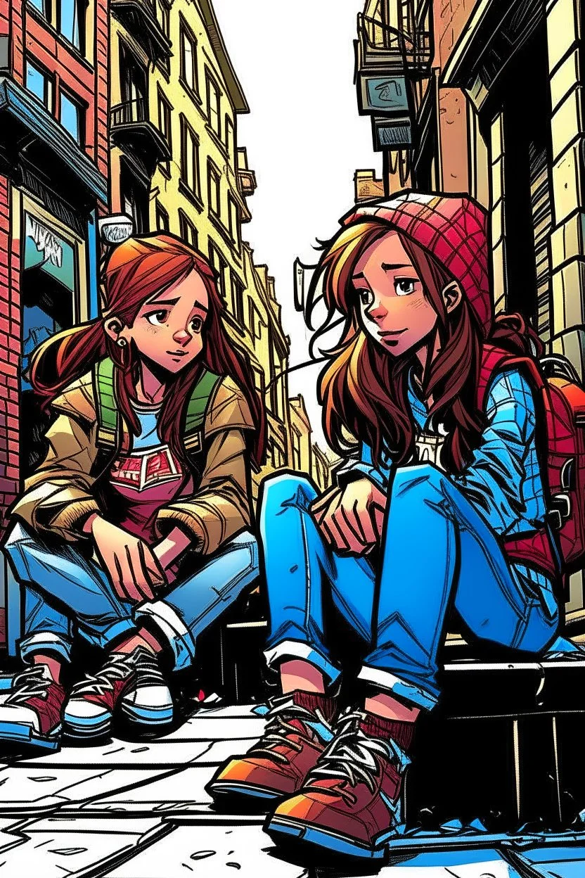 çizgi roman tarzıiki kız beraber sokakta oturuyorlar yaşları daha büyük liseliler daha renkli kızlardan birinin saçı kabarık diğerininki ise biraz uzun geniş açı ikisininde vücudu tam görünsün 2 boyutlu çizgi roman tarzı koyu gölgelendirme ayakları düzelt 3 boyutlu biraz daha üç boyutlu 3 boyutlu kızların fiziklerini değiştir yüz tiplerini değiştir