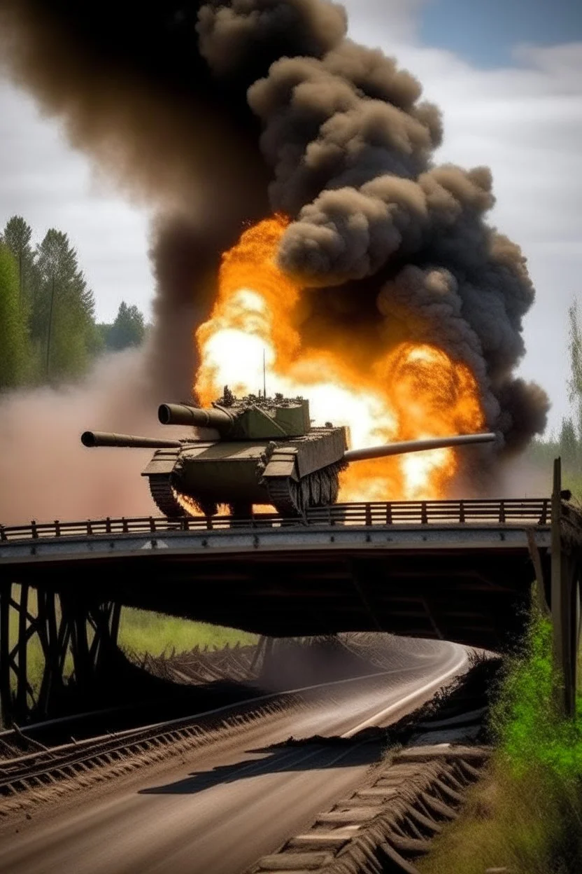A tank crossing a bridge , exploded