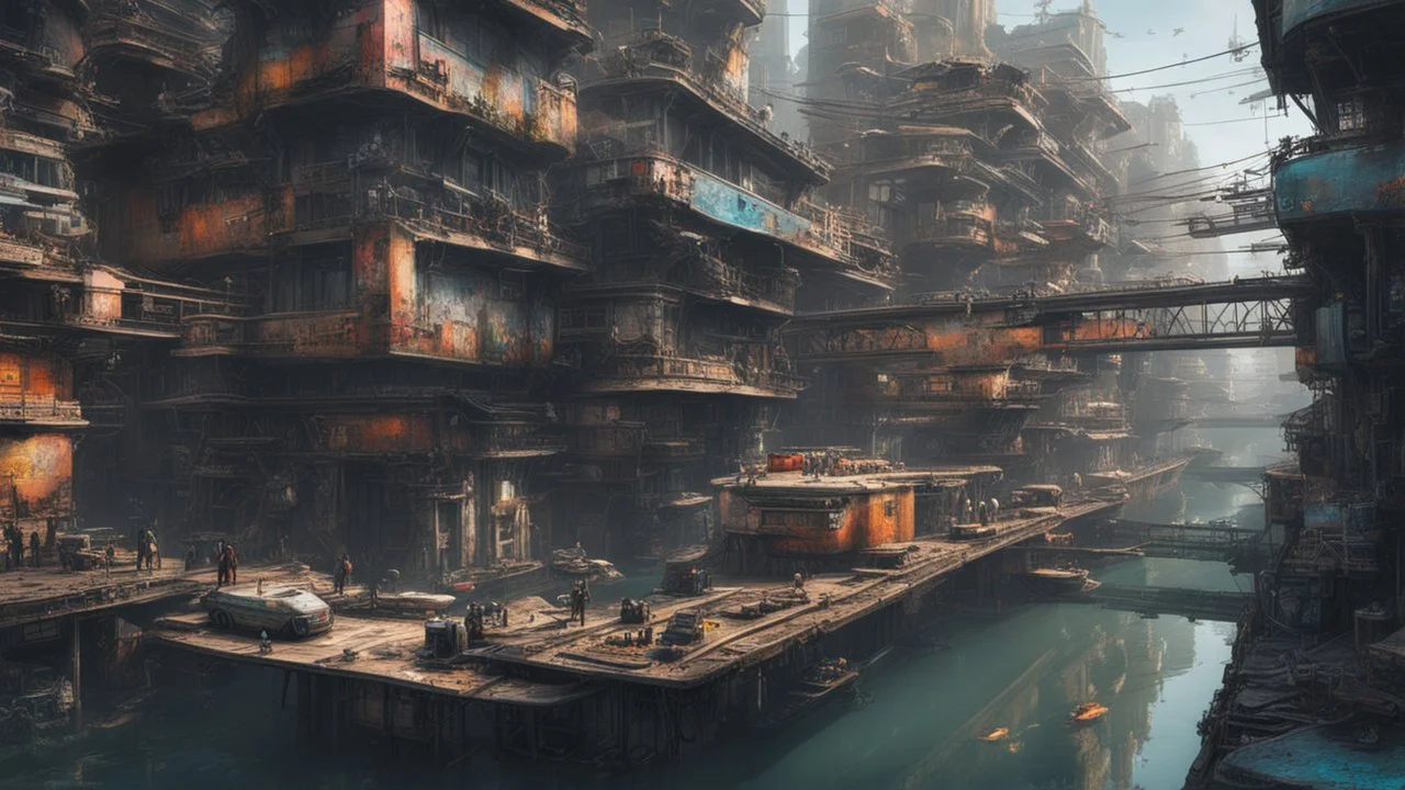 Water-level view of buildings made of reused dirty rusty metal on a futuristic canal junction, cyberpunk, many painted colours, flying boats, balconies, bridges, people, shopping, eating, walking, fifth element, ghost in the shell, altered carbon