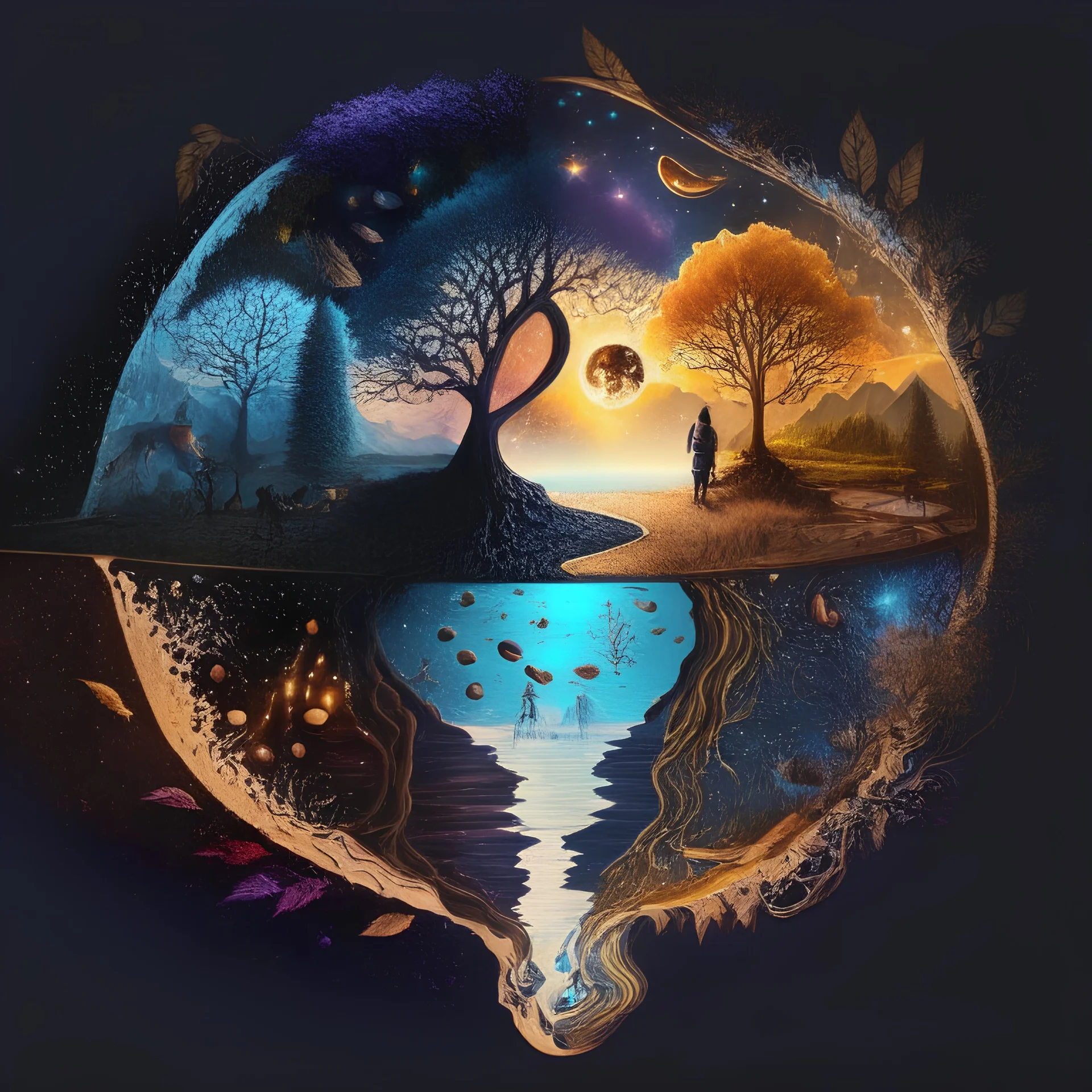 Dark and light psychedelic cafe design, mirror space with human face, sun, moon, stars, galaxy, love, water, fire, earth, wind, seventh element, light, tree of life, coffee bean, comet, waterfall, river , peak, spring, summer, autumn and winter