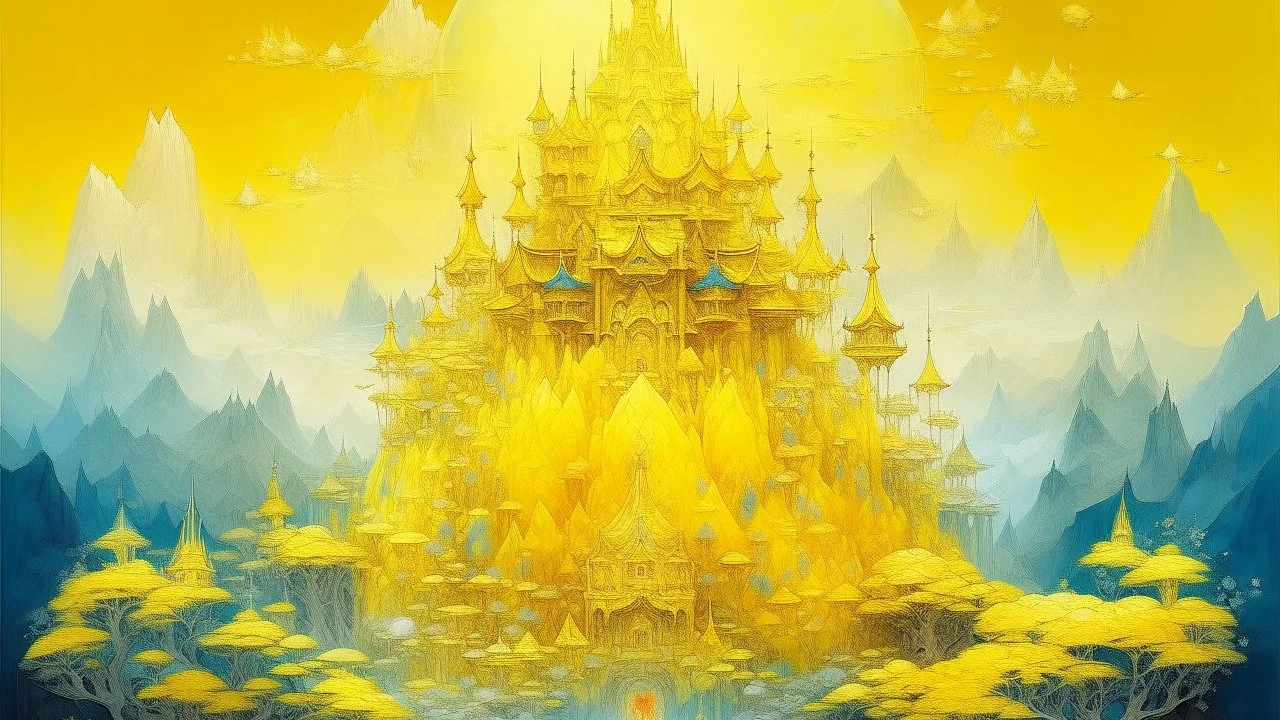 A yellow shining crystal castle painted by Qiu Ying