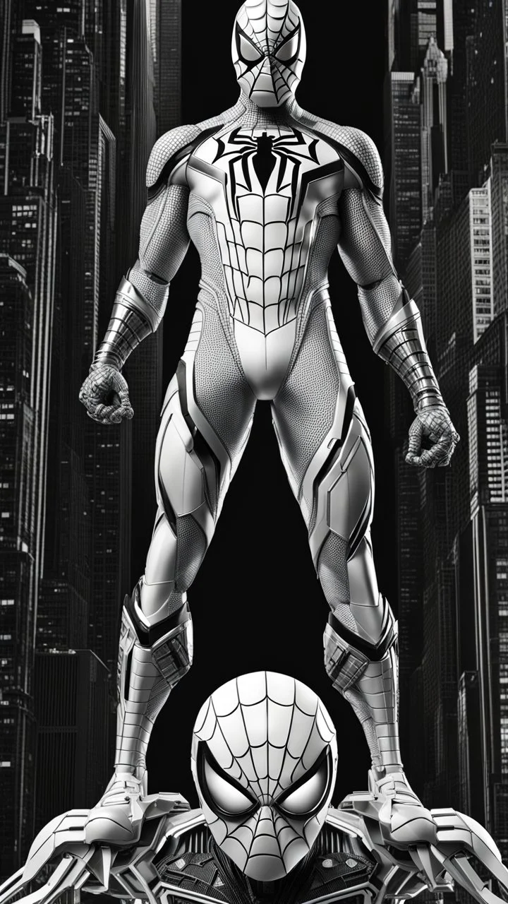 Arte lineal Spiderman cyborg de pie, full body calidad ultra, hiperdetallado, maximalista, color blanco, increíble obra de arte piernas completas pies completos