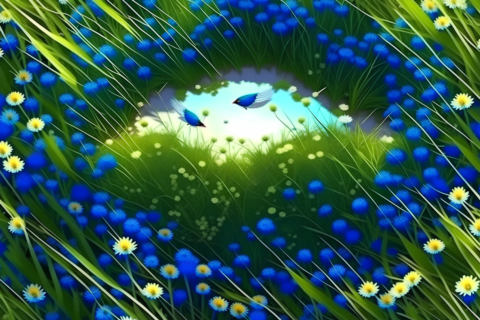 Vector. Illustration. realistic, Digital painting. birds eye view, top down. grass with blue wild flowers