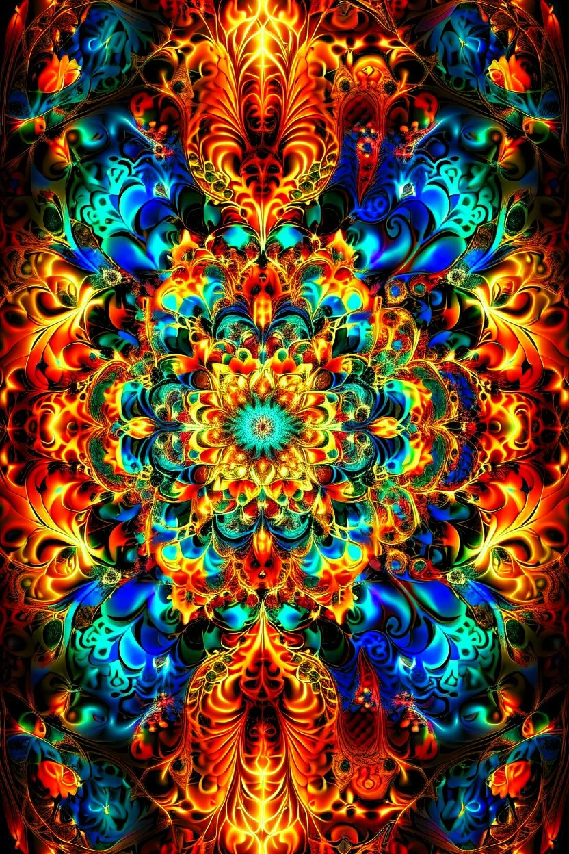 Fractal-style digital artwork showcasing a hypnotic and intricate kaleidoscope of vibrant colors and geometric patterns, evolving and expanding with every layer. The composition radiates a mesmerizing energy, with fractal shapes seamlessly blending into each other, creating a sense of infinite complexity. The artist utilizes vivid hues and intricate details to create a visually striking and immersive experience. The image is created using digital software to replicate the intricate and self-simi