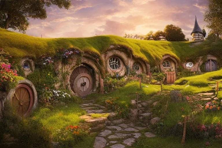 The town of Hobbiton in the Summer, the shire, landscape, highly detailed, perfect lighting, perfect composition, 4 k, artgerm, derek zabrocki, greg rutkowski