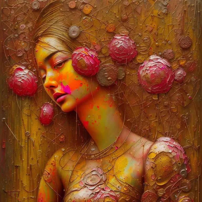 an abstract painting of rusted metal and colored flowers, indian portrait, girl, face, rust, scaffolding, iron cladding, decay, mixed media, textured, anatomically correct, beautiful perfect face, sharp focus, highly detailed, high-quality, volumetric lighting, 8k, ultrahd