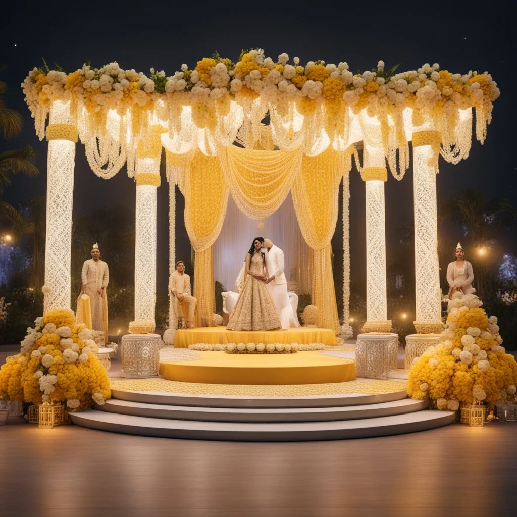 Hyper Realistic Beautiful Traditional Indian Wedding Stage decorated with different Yellow & White flowers & neon wedding lights with people at Night