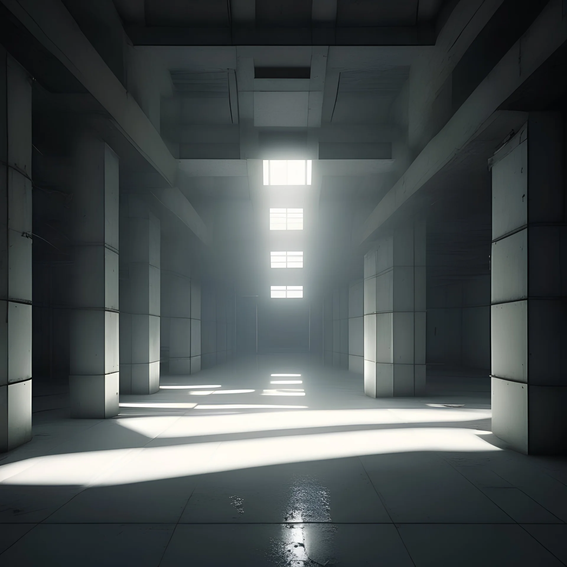 Brutalist factory floor totalitarian white light