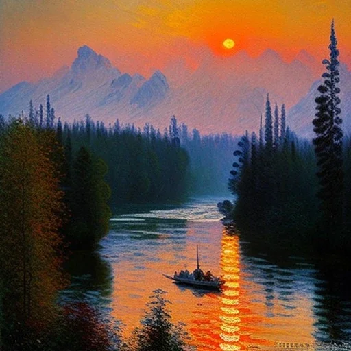 Monet Painting of Raging River at sunrise in alaska