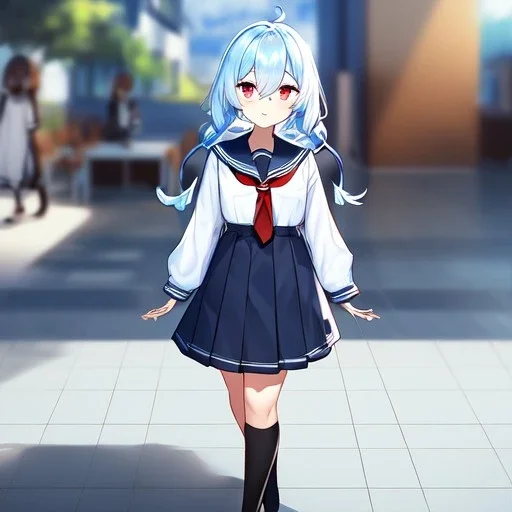 Clear focus, High resolution, long fluffy light blue hair, hair between eyes, long locks, wearing a sailor uniform, wearing a sailor skirt, long black socks, 1girl, cartoon, cute, UNFOTABLE studio, red tie, walking, outside setting