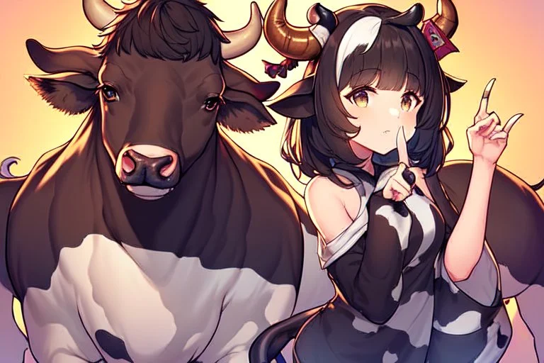 Girl, cow tail, cow horns, cow ears, dark hair, hooves on hand, cow hand