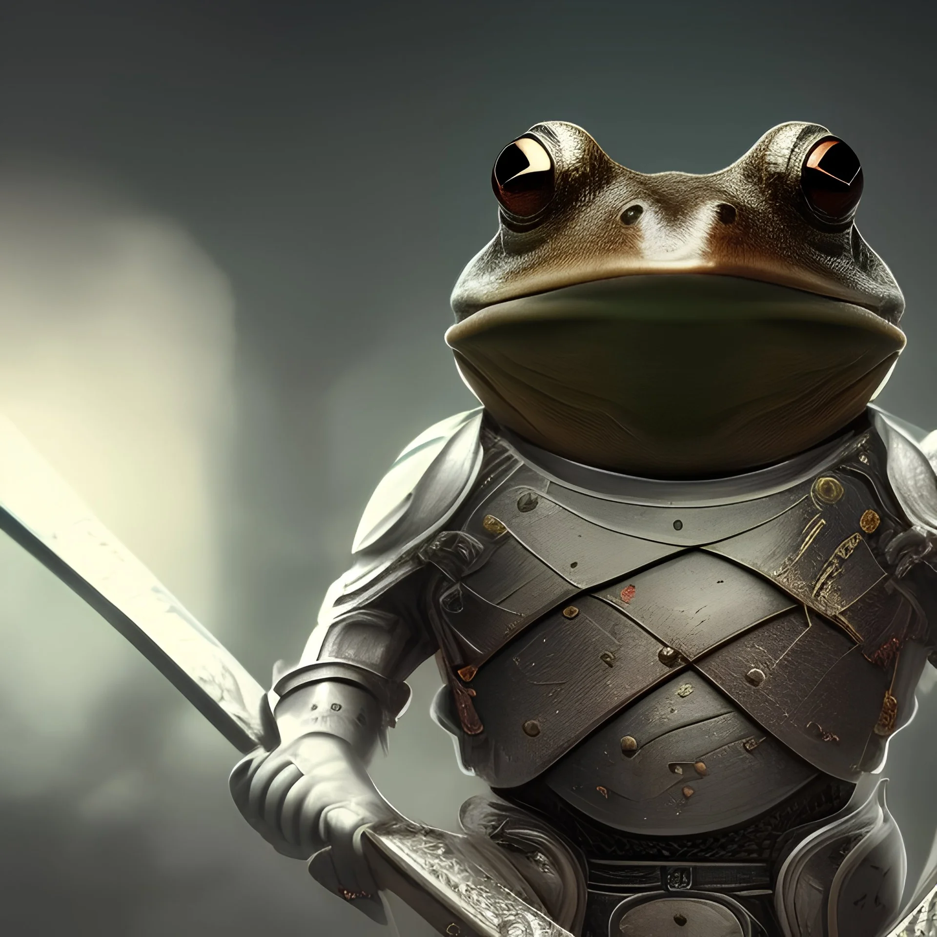 a frog in metal armour Holding a axe