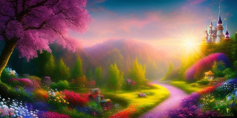 bright fairy, beautiful portrait, flowery landscape