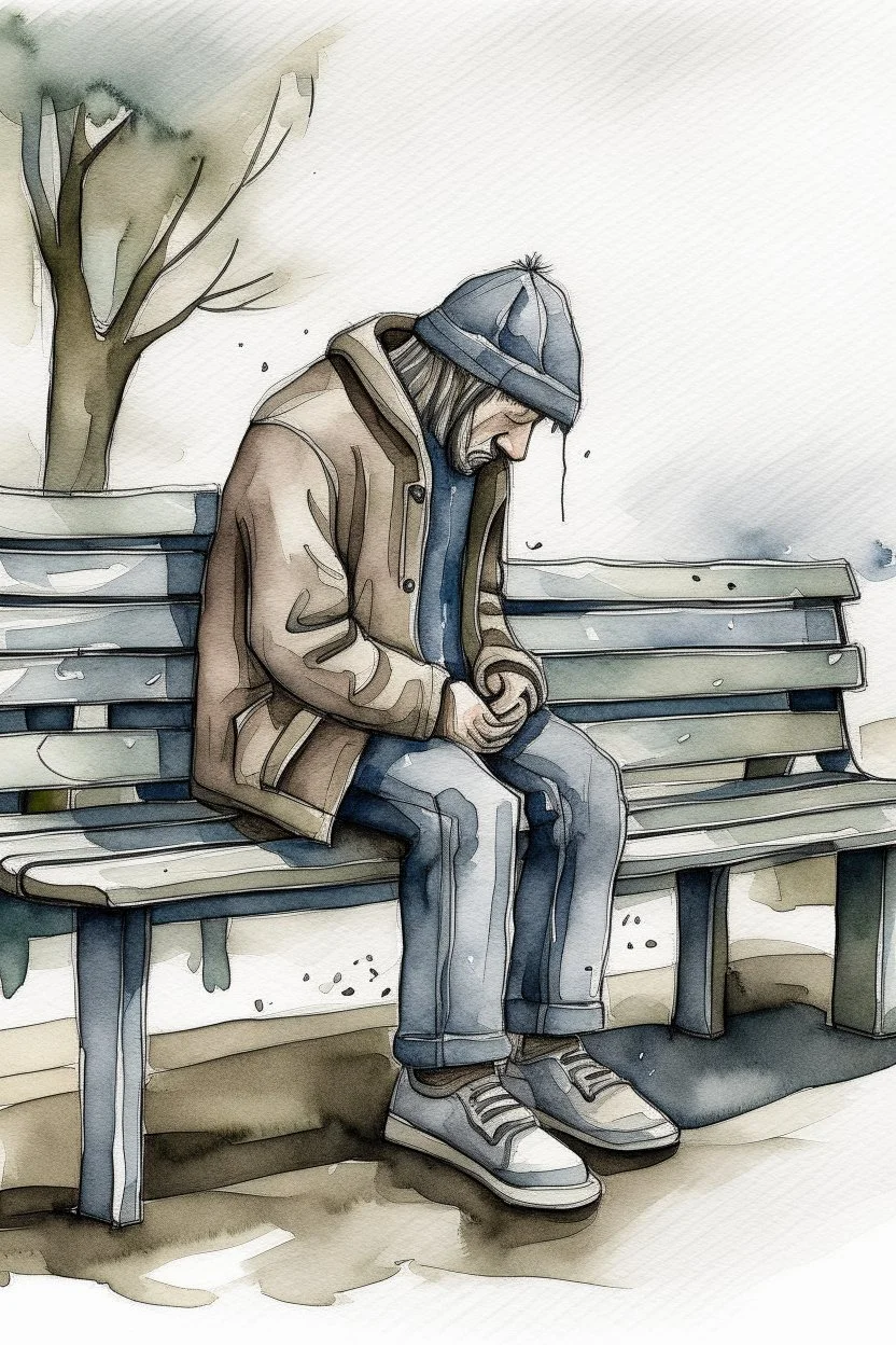 Watercolored crying man sitting on a bench