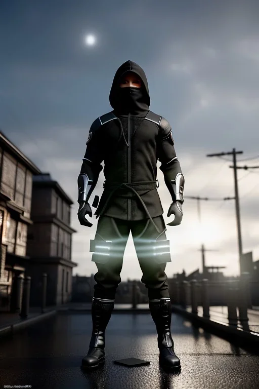 muscular ninja assassin, athletic build, wearing black and gray baggy pants with pockets, black hood and black balaclava mask, big boots, buckles, straps, daggers, dark hazel eyes, eyes are both in proportion and green, 3/4 look, standing, dark cobblestone alley, candle light behind head, intense, photorealistic rendering in the art style of j.scott campbell