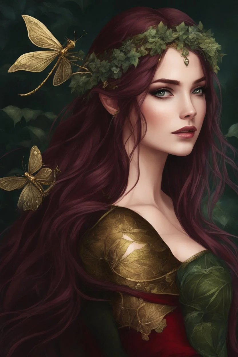 Burgundy hair, dark hair,dark red , rapunzel hair,very long hair,dark fairy princess,elven crown,night,dragonflies,beautiful,ong ashes,golden armor ,sparkle,night blooming,ivy,dark green,lilly of valley,golden elven crown