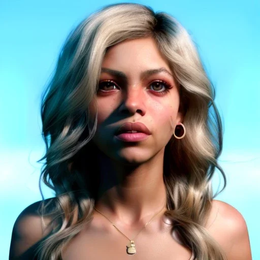 Shakira, artist, 30 years old, Realistic image, waist up portrait, Helmut Newton style. blonde, loose long hair, eyes make up, perfect, glow, circle iris. concept art, smooth, unreal engine 5, god lights, ray tracing, RTX, lumen lighting, ultra detail, volumetric lighting, 3d, finely drawn, high definition, 4k.