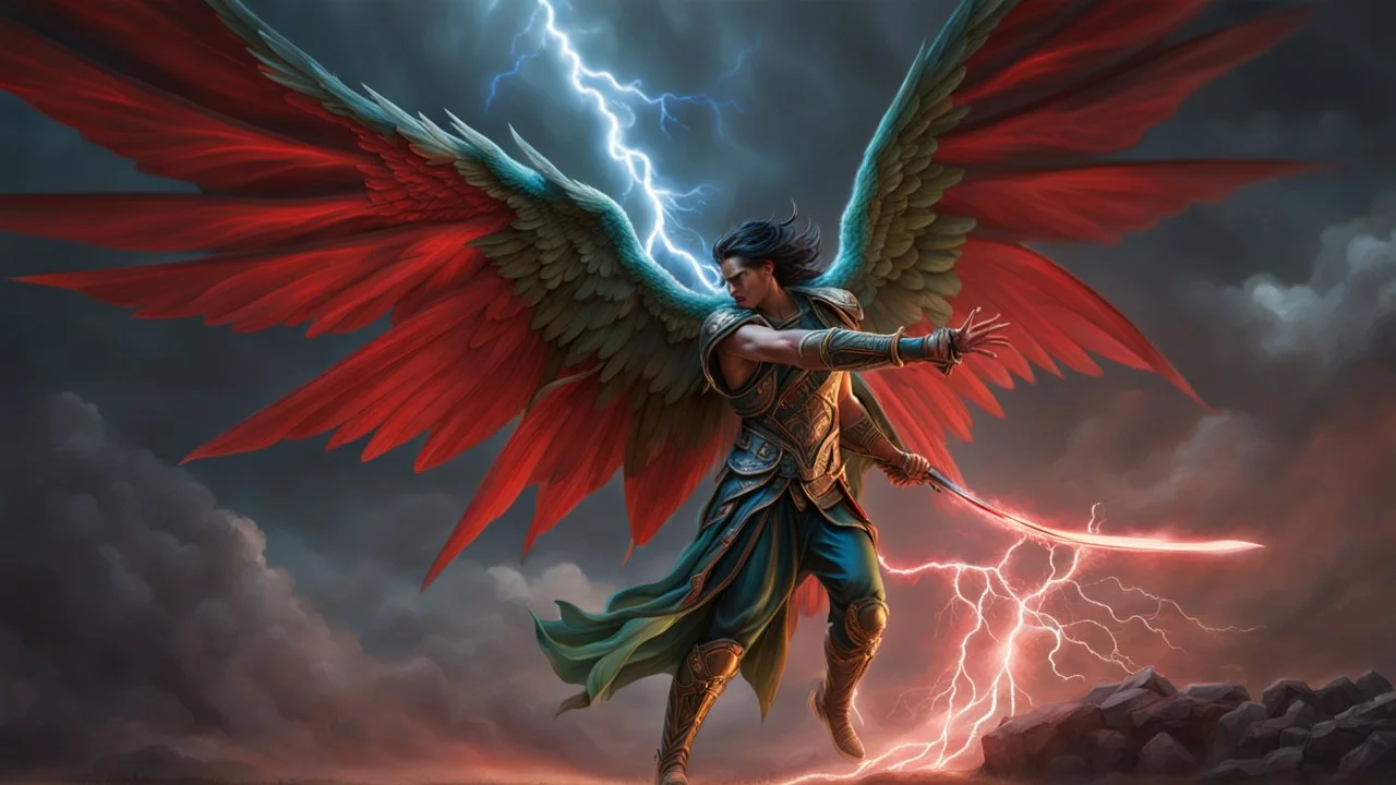 a powerfull angel fighting a demon. huges wings. blues, green and red lightning. perfect arms and hands, exquisite realism, a masterpiece, fantasy concept art, dynamic lighting, hyperdetailed, intricately detailed, deep color, volumetric lighting, Epic cinematic brilliant stunning intricate meticulously detailed dramatic atmospheric maximalist,