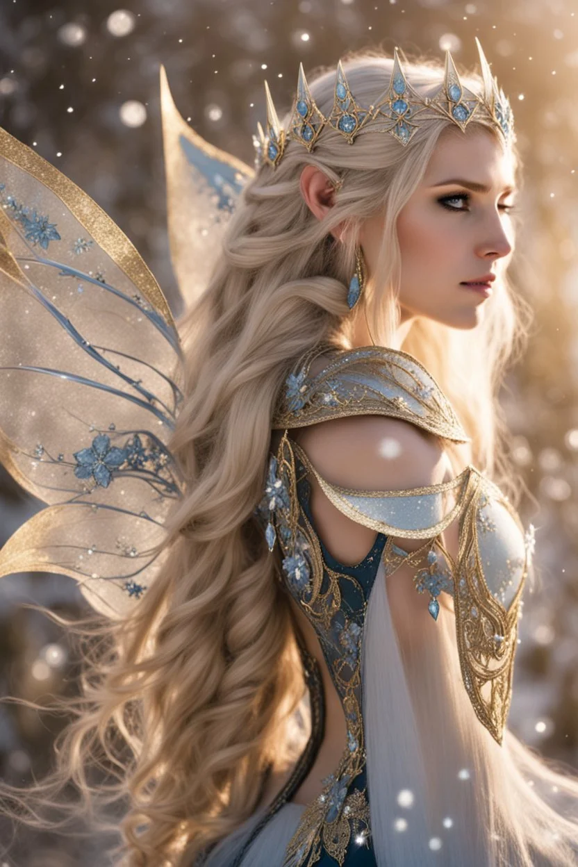 Elven princess,elven crown,long white blonde golden hair,rapunzel hair,ice flowers,beautiful,light blue,dark blue,golden armor,sparkle,glitter,ice flowers,snow,elven ears,dark fairy princess