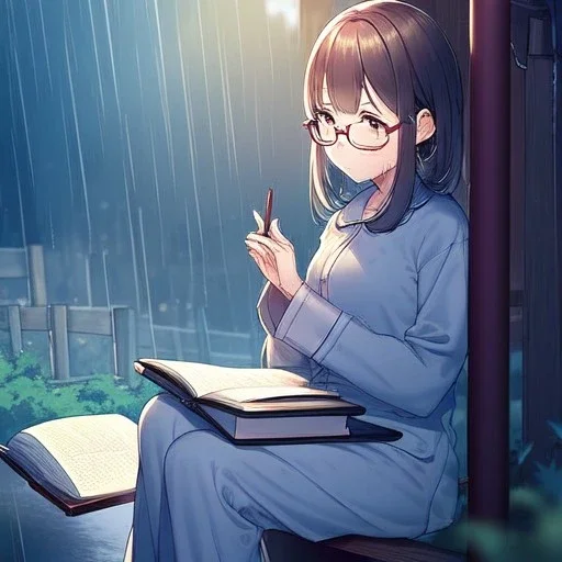 anime girl sitting on a porch swing of an old house, journaling, wearing pajamas, writing in a book, shes watching it rain, more detail on hands and her face,shes deep in her thoughts, wearing glasses, rain drops, she has a pencil in her hand and is writning in the book, she is looking down at what she is writing