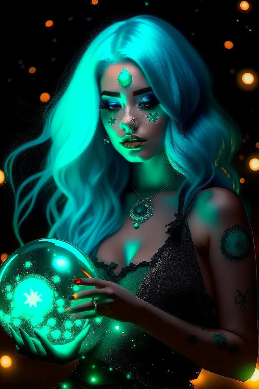 A beautiful girl with glowing starry eyes. And with turquoise hair decorated. And full body. Holds 10 glowing glass beads with a moon inside