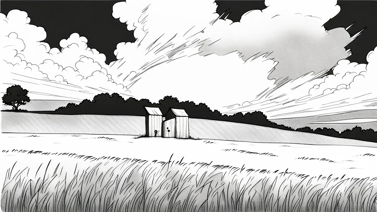 unhinged door, anime, monochrome, black background, ink, simple, maximum quality, broken hinge, barely functioning, centered on frame, far view, in the middle of a grassy hill, white sky with cumulonimbus
