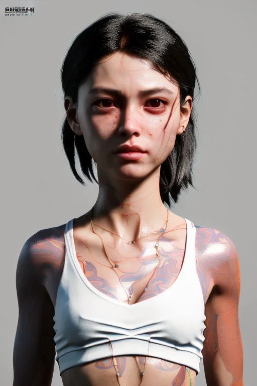 Ultra Realistic image, 25 years old brunette woman, Madrid, portrait, small stature, small chest, yakuza body tattoo, white broken cotton short undershirt, black latex short, akira anime style, vibrant color, highly detailed, art stations, concept art, smooth, unreal engine 5, god rays, ray tracing, RTX, lumen lighting, ultra detail, volumetric lighting.