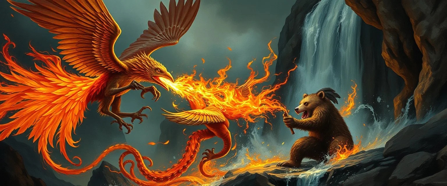 phoenix octopus bird witch god bear waterfall looks beyond really powerful slapping a bird in the face with fire, fantasy illustration, in the style of Rembrandt